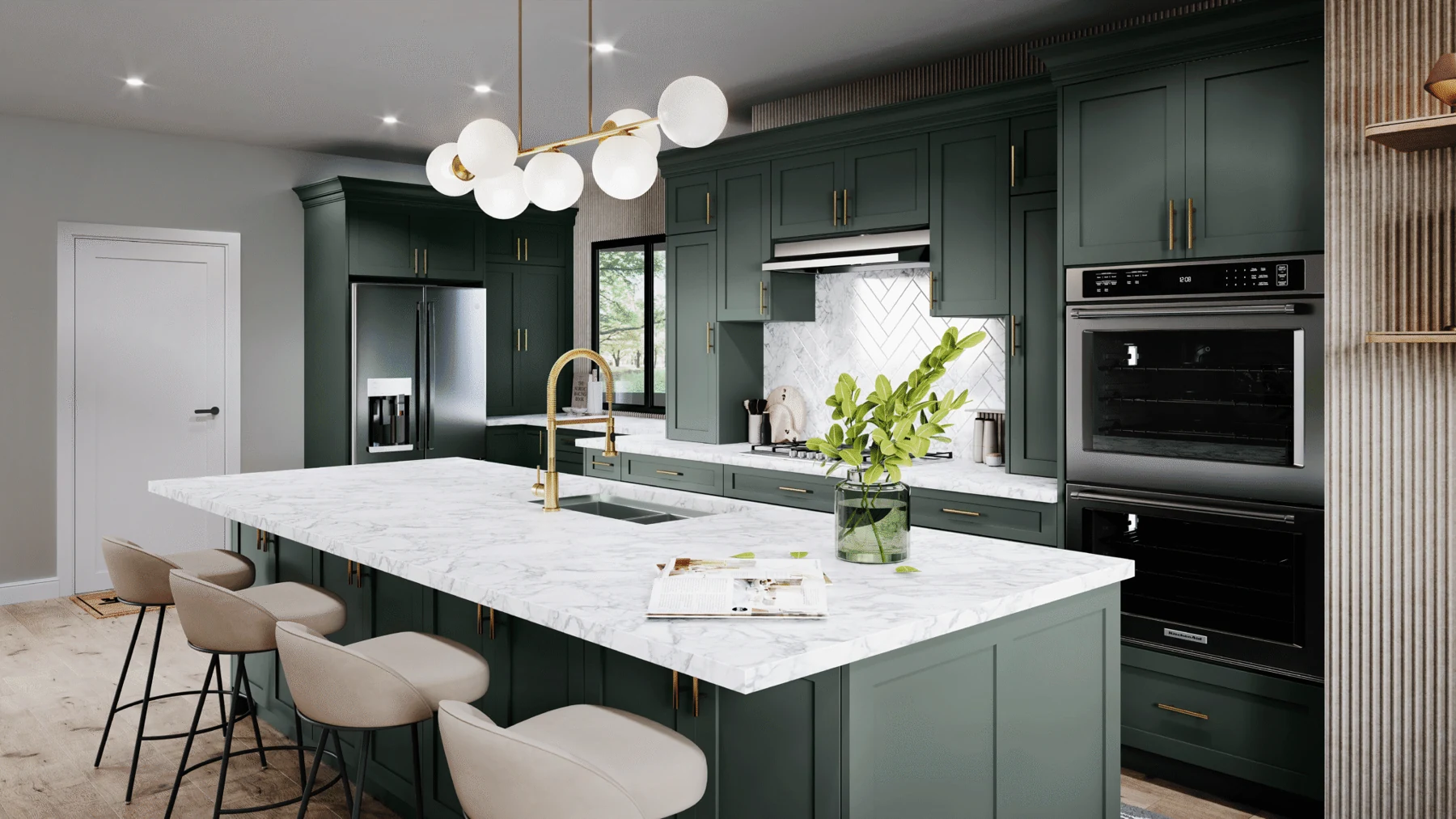 Forest-green kitchen cabinetry with brass hardware, a white stone island, and globe lighting