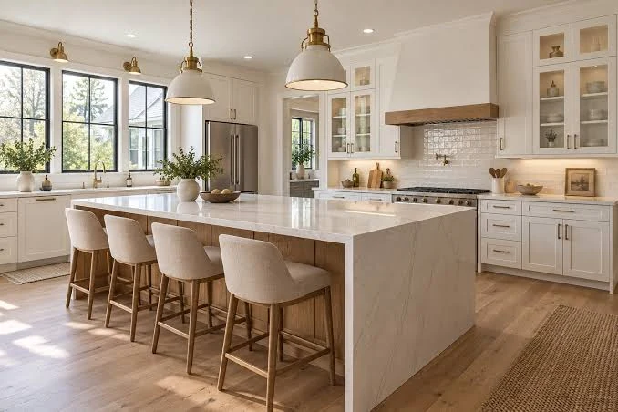 Sunlit kitchen with a pale wood waterfall island, upholstered stools, and pendant lights