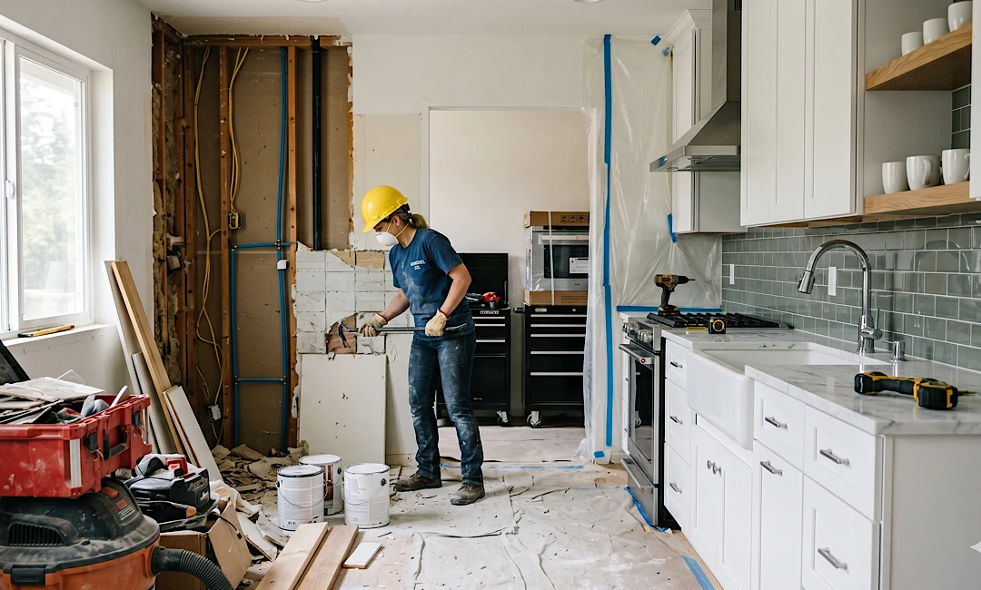 Kitchen layout renovation in progress with exposed wall framing and existing white cabinetry