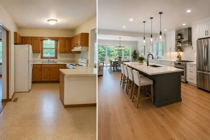 Side-by-side kitchen interiors showing an older layout and an open island layout